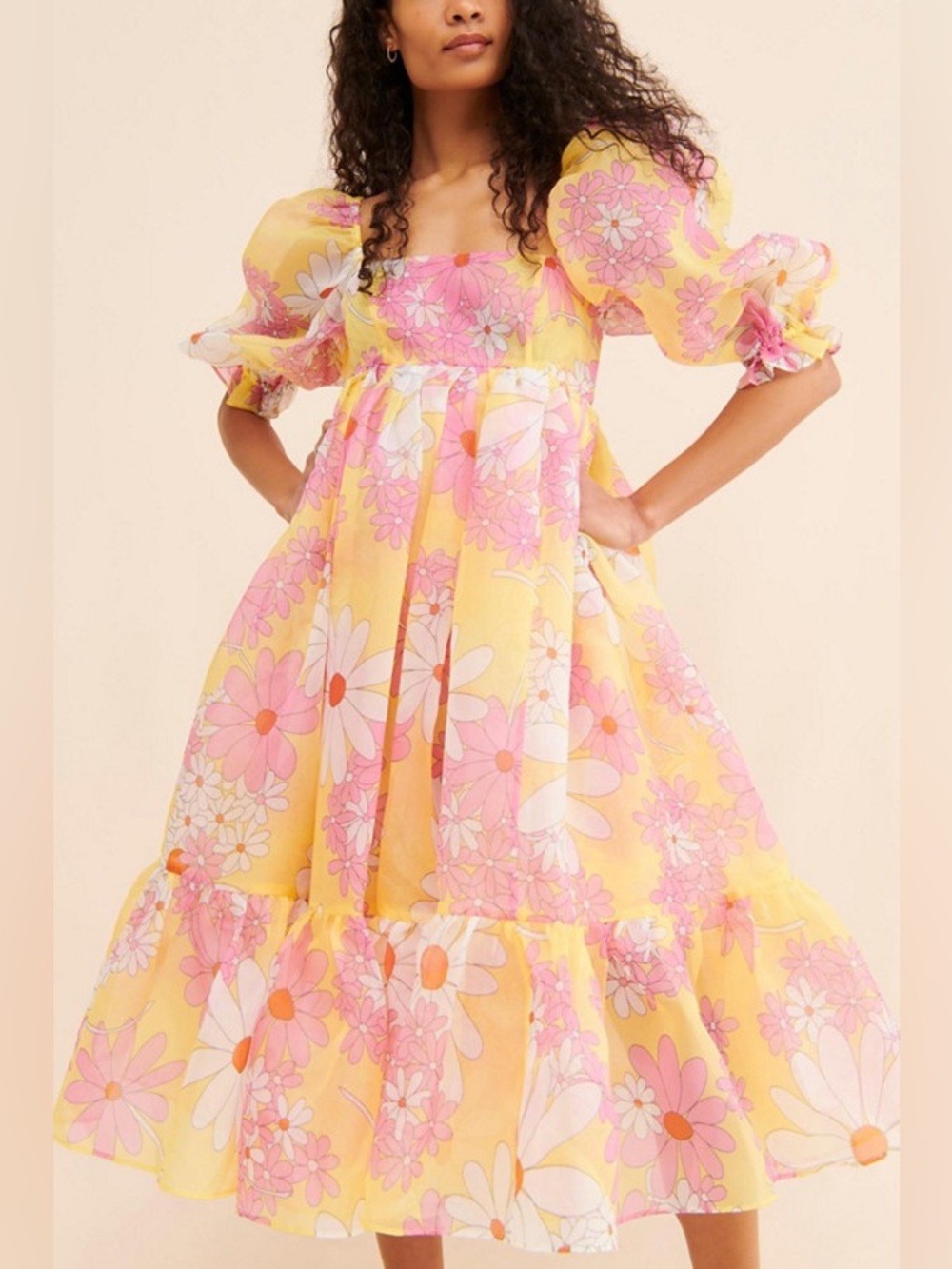 Selkie Yellow and Pink Floral Midi Dress